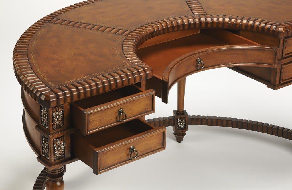 Crescent Shape Brown Hand Carved Desk with One Center and Four Side Drawers - Your Western Decor, LLC