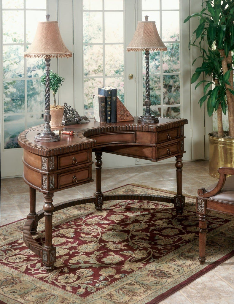 Crescent Shape Brown Hand Carved Desk with One Center and Four Side Drawers - Your Western Decor