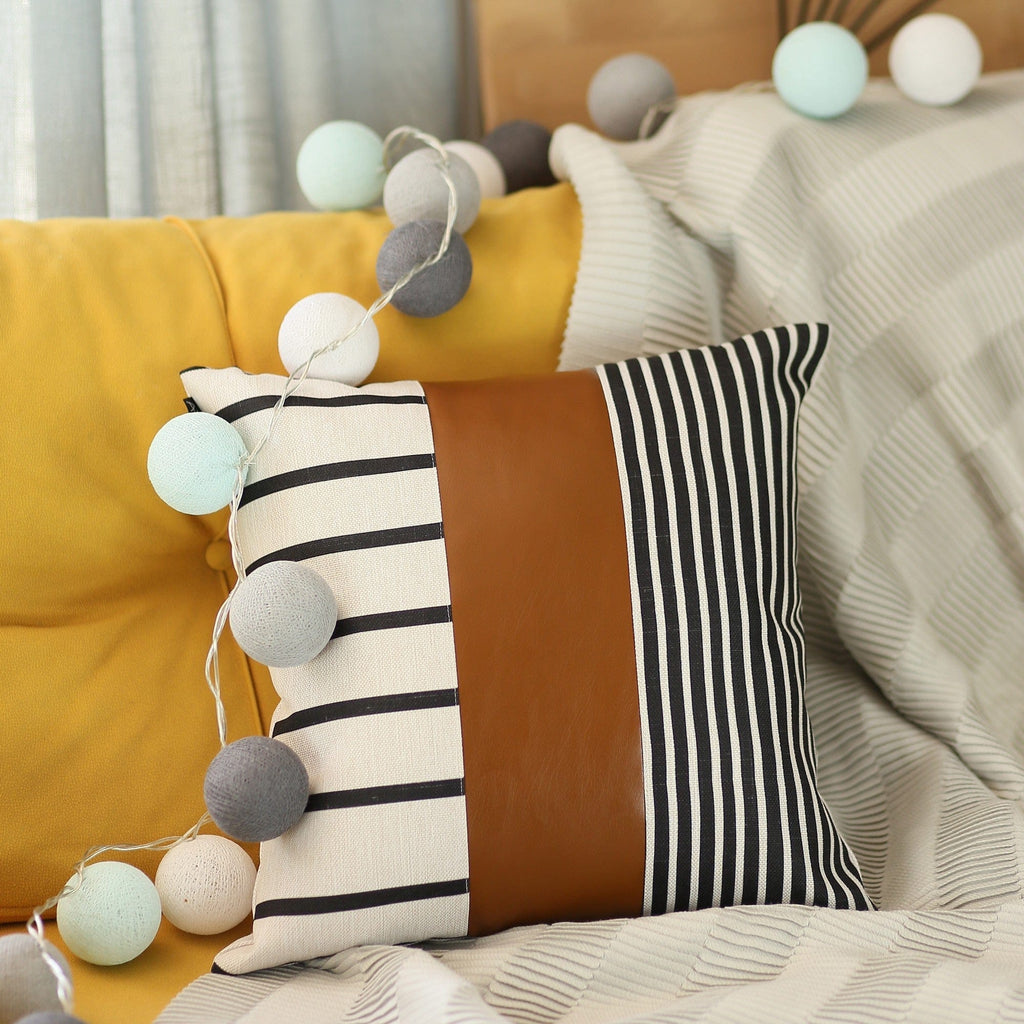 Faux Leather and Monochromatic Stripes Decorative Pillow Cover - Your Western Decor, LLC