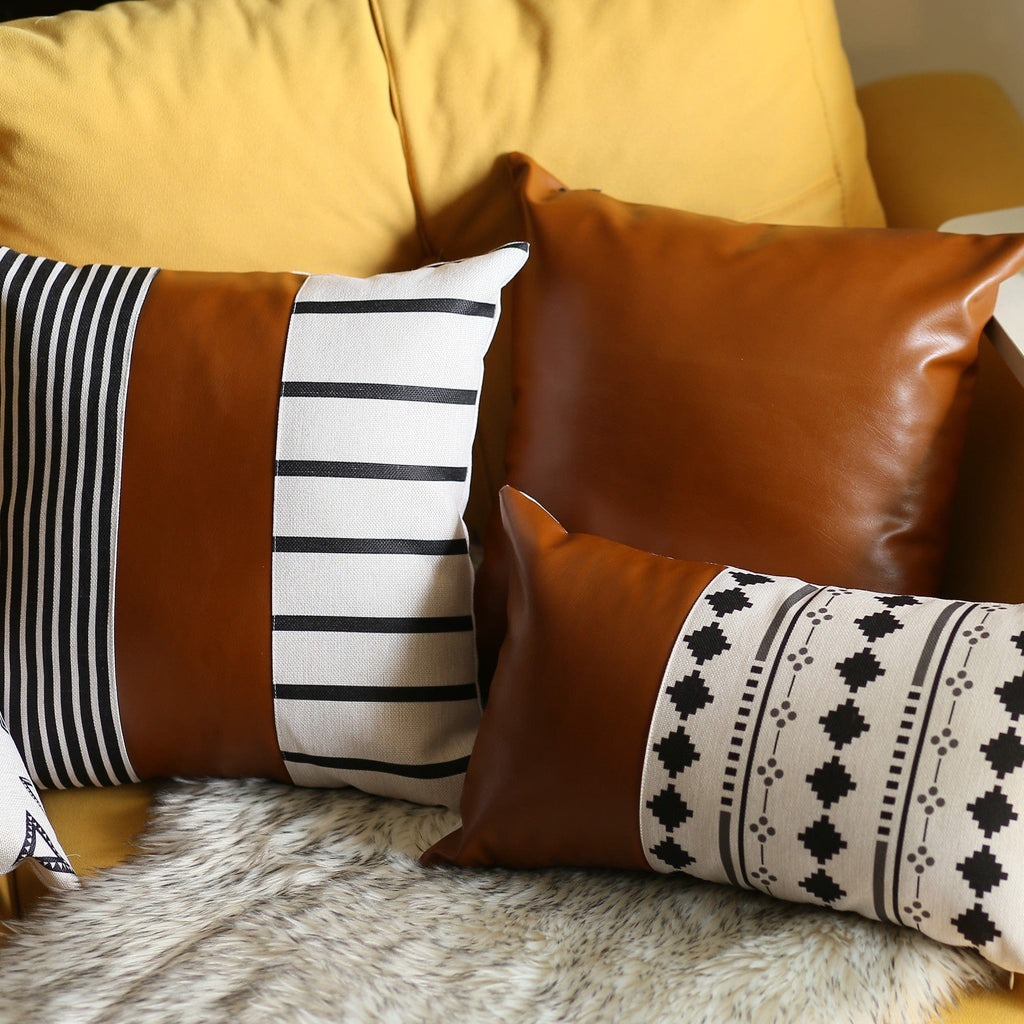 Faux Leather and Monochromatic Stripes Decorative Pillow Cover - Your Western Decor, LLC