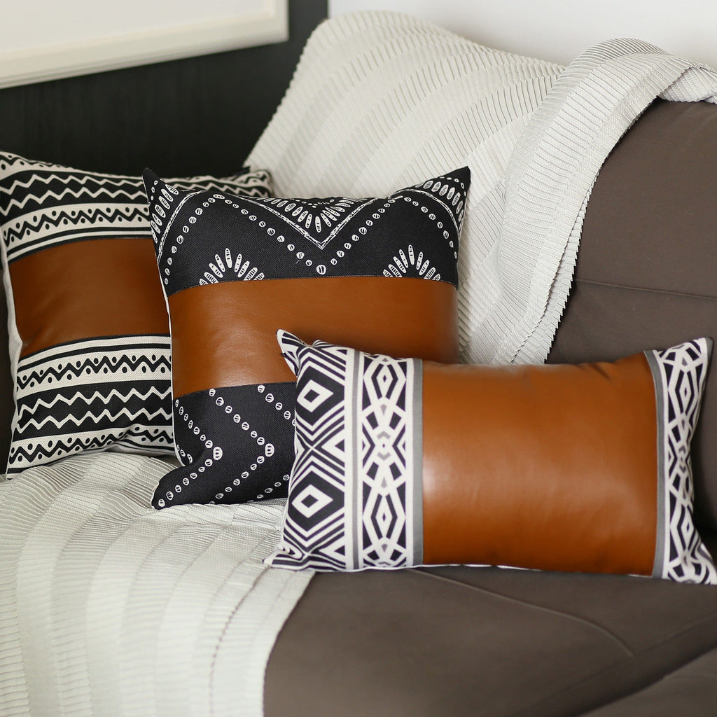 Black and White Pearl Geo with Brown Faux Leather Pillow Cover - Your Western Decor, LLC