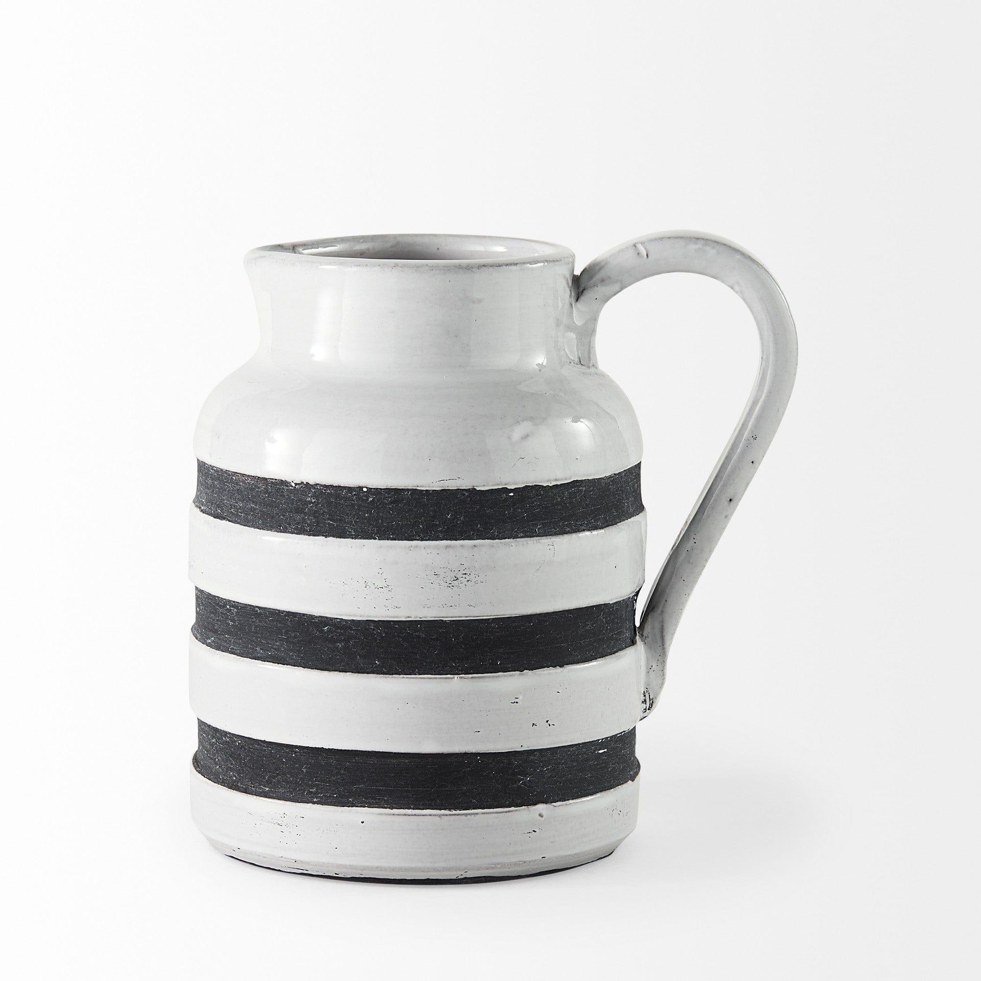 7" Rustic White and Blue Stripe Ceramic Jug - Your Western Decor, LLC