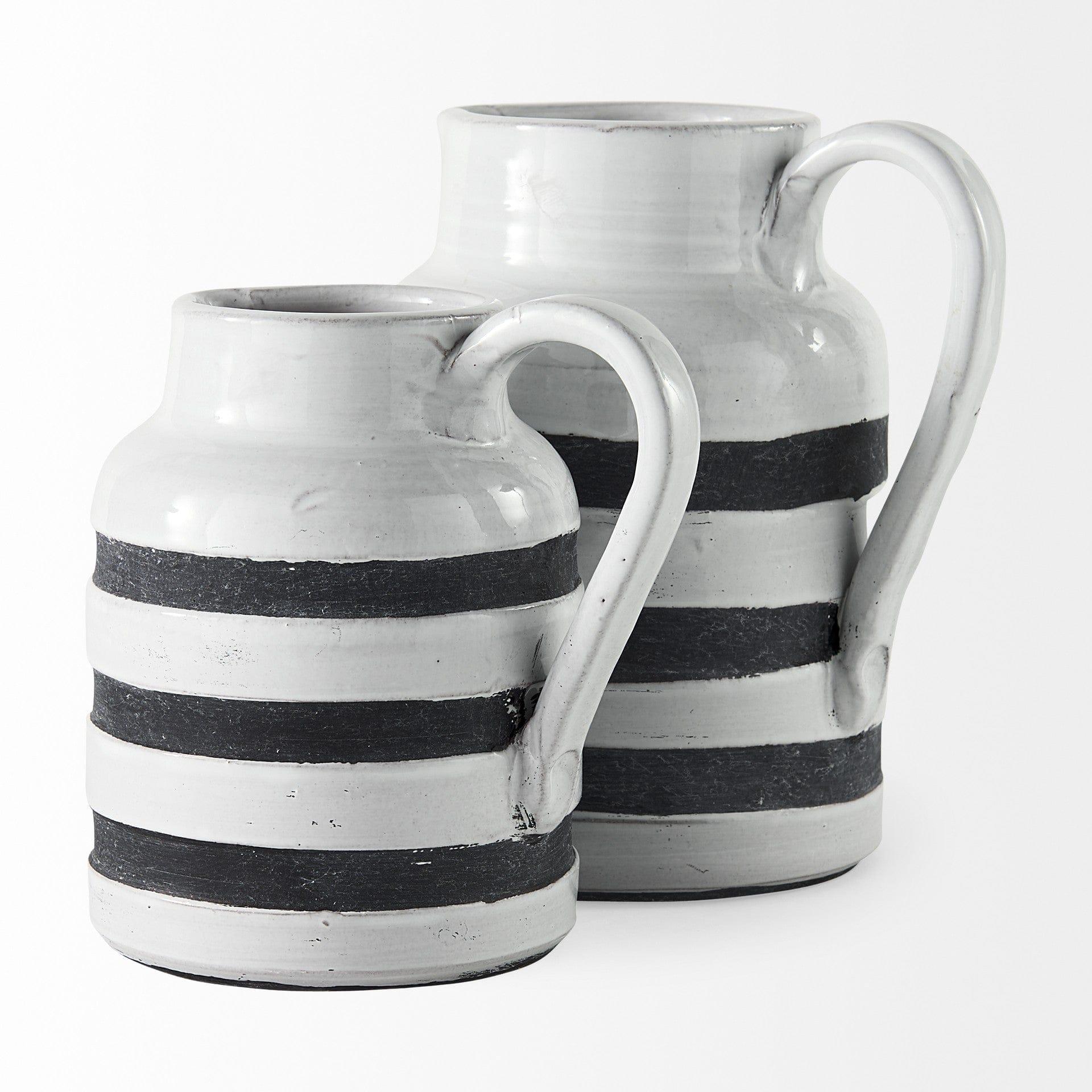 7" Rustic White and Blue Stripe Ceramic Jug - Your Western Decor, LLC