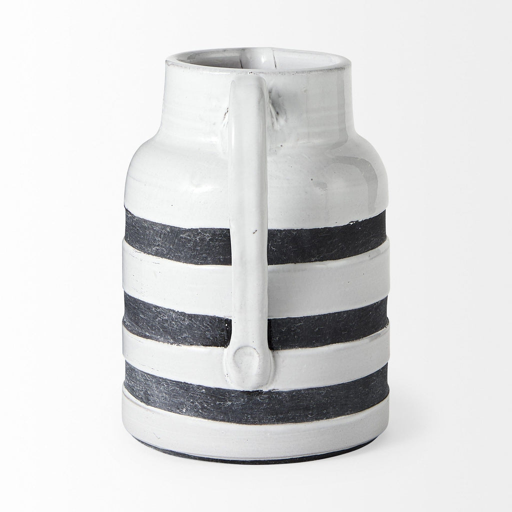 9" Rustic White and Blue Stripe Ceramic Jug - Your Western Decor, LLC