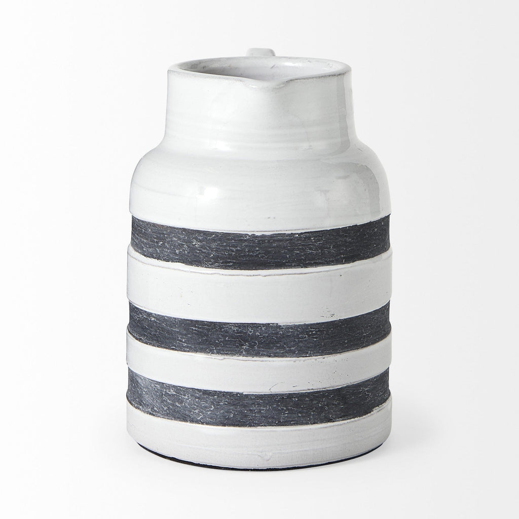 9" Rustic White and Blue Stripe Ceramic Jug - Your Western Decor, LLC