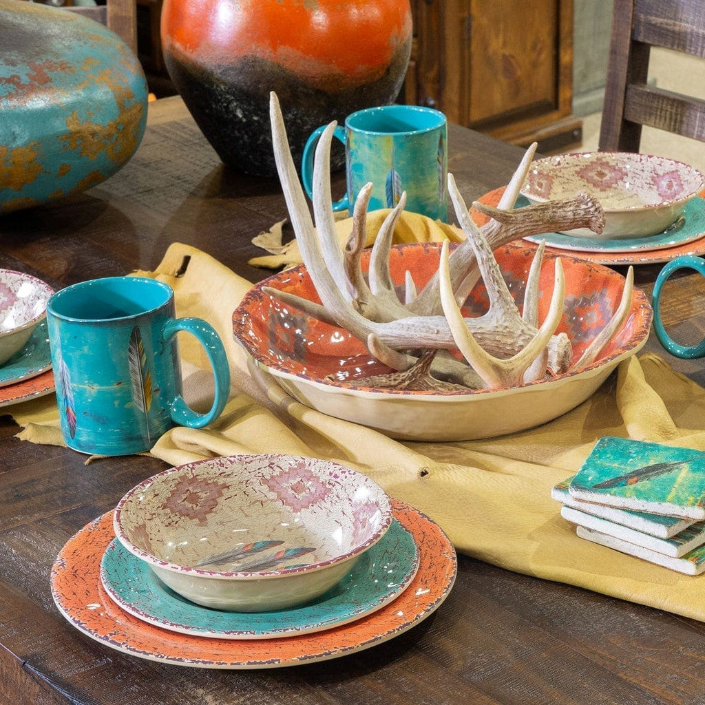 Feather design melamine dishes and ceramic mugs with coasters - Your Western Decor