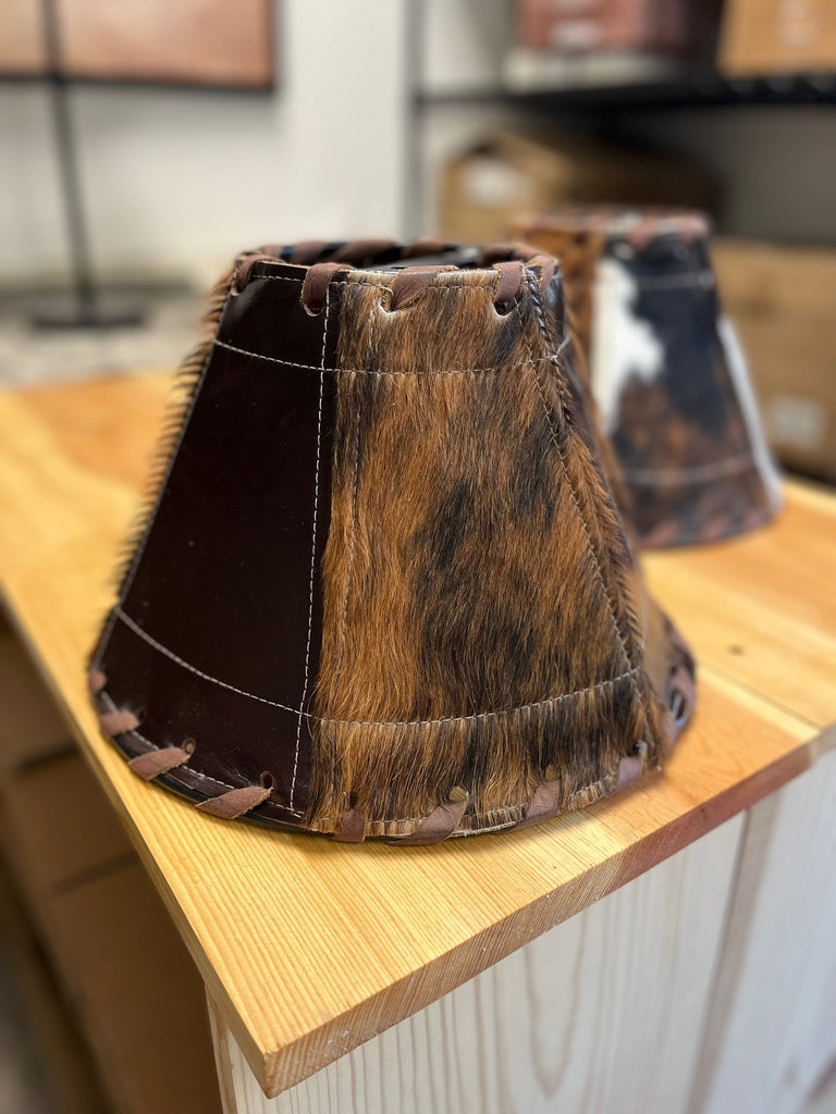 12" brindle cowhide and brown leather western lamp shade - handmade in the USA - Your Western Decor