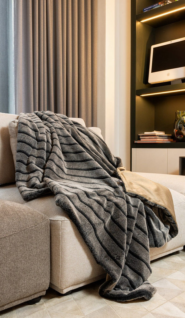 Luxe Gray Stripe Faux Fur Blanket - Your Western Decor