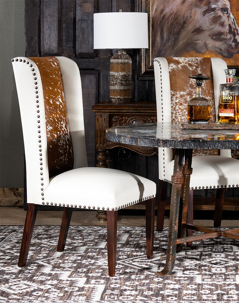 Luxury White Leather Dining Chairs with Longhorn Hide