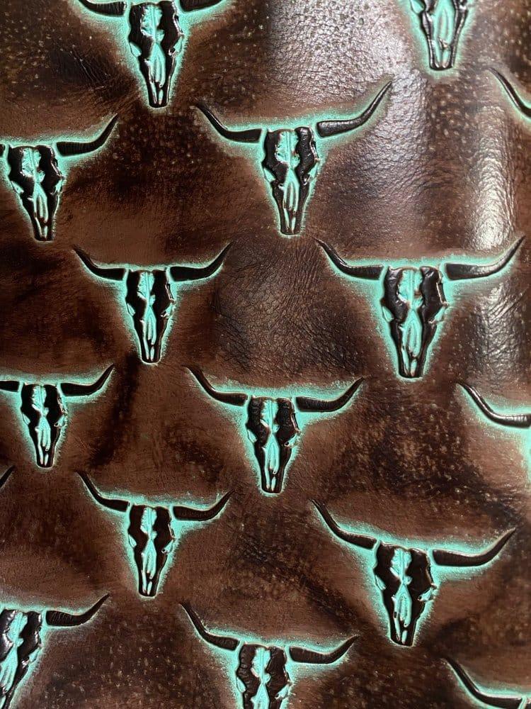 Turquoise on brown longhorn embossed leather hide - Your Western Decor