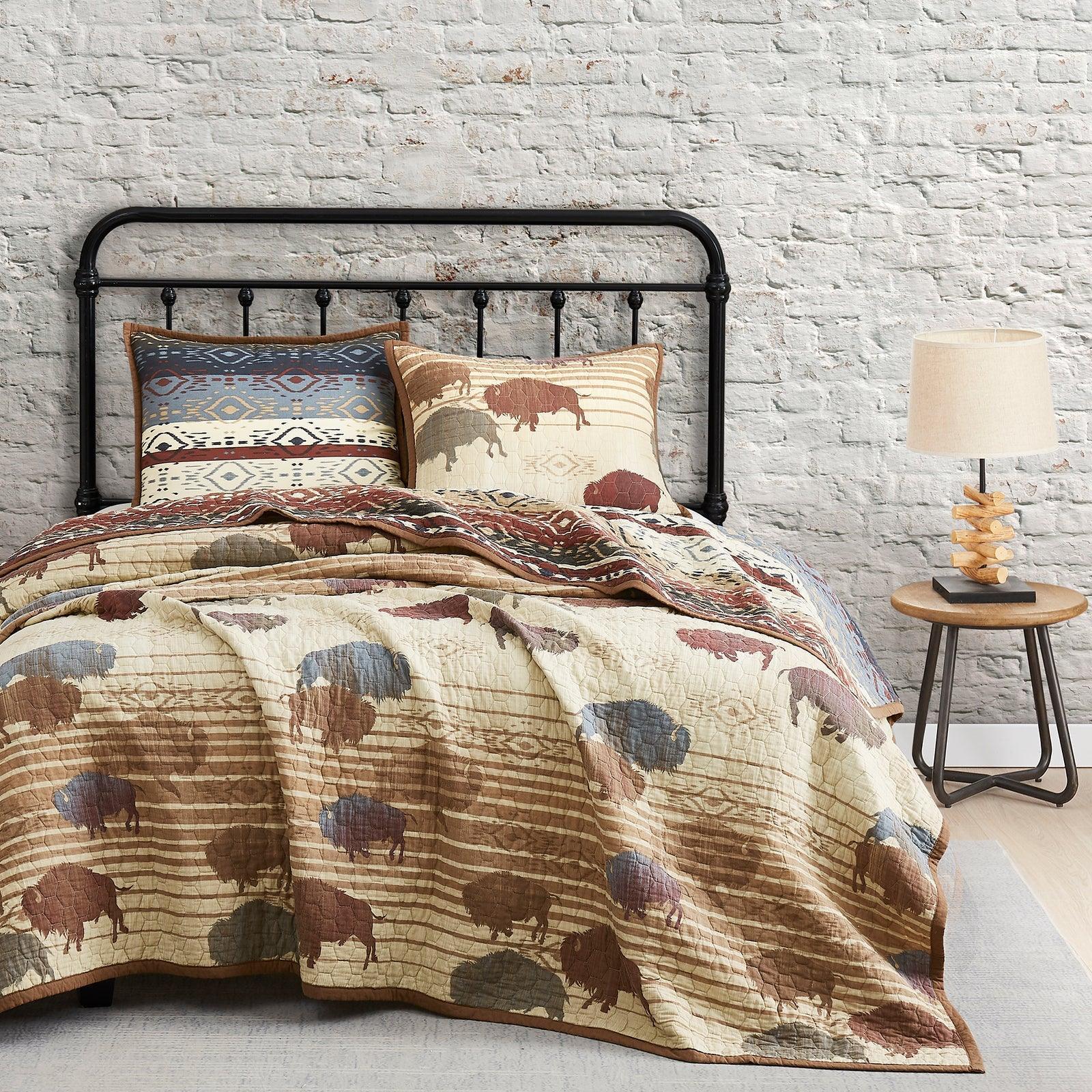 Roam Free Reversible Quilt Set in tan with brown buffalo. Southwestern bedding 