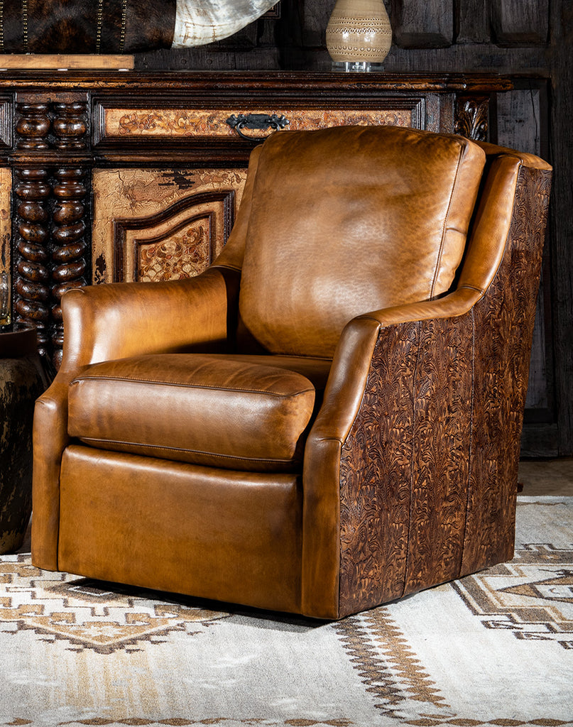 Rustic Western Embossed Leather Swivel Glider - American Made Western Furniture - Your Western Decor
