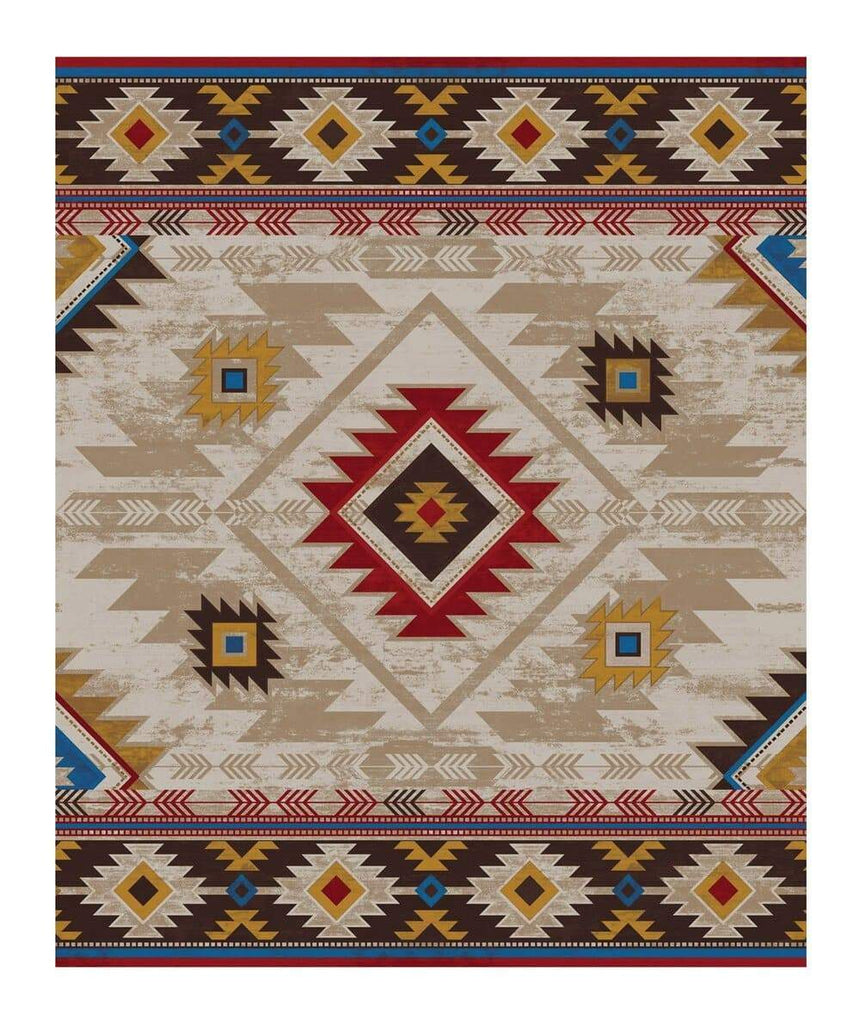 Aztec design beige, blue, red, yellow 11'x13' rug. Made in the USA. Your Western Decor