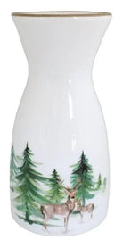 White carafe pitcher with watercolor painted buck deer among the green pines - Your Western Decor