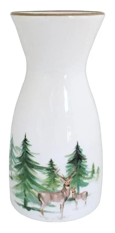 White carafe pitcher with watercolor painted buck deer among the green pines - Your Western Decor