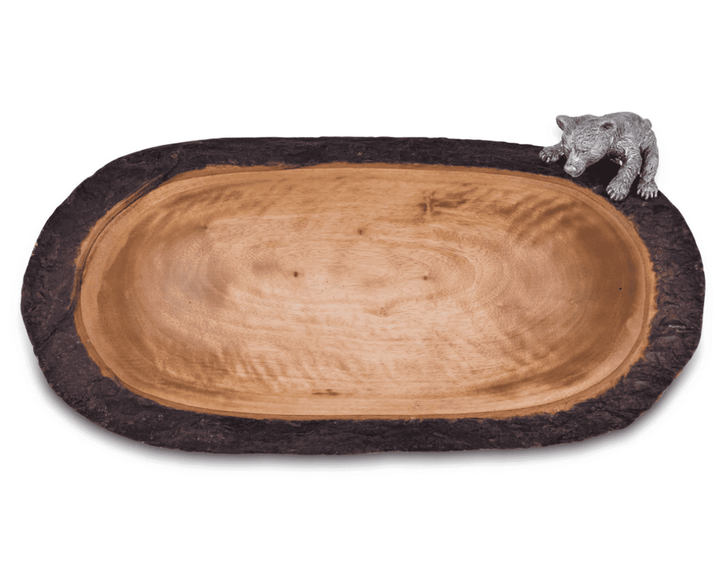 Acacia Wood Bread Bowl w/ Pewter Bear Cub