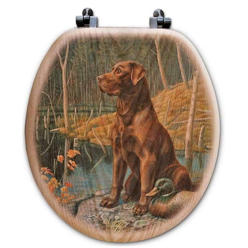 Alert Labrador, Oak Art Toilet Seats Round - Made in the USA - Your Western Decor, LLC