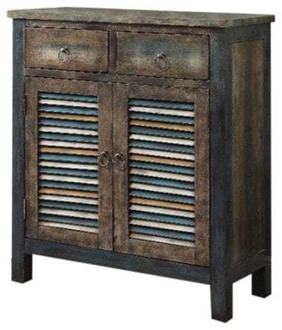 Antiqued Oak & Teal Console Table with multi colored shutter like doors - Your Western Decor