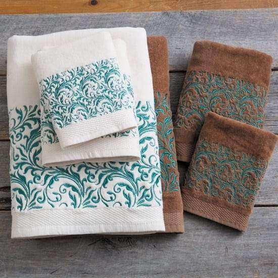 Mocha or cream cotton bathroom towel sets with turquoise embroidered scroll work. Your Western Decor
