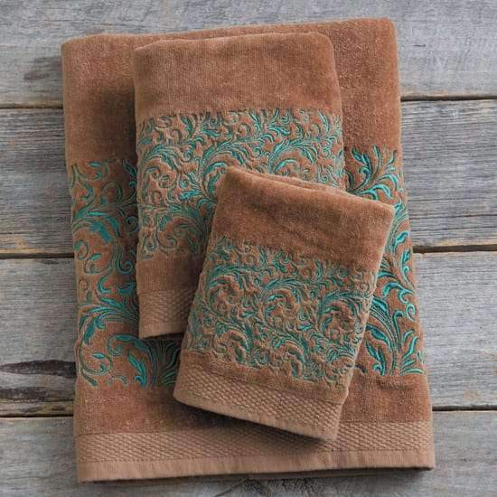 Mocha cotton bathroom towel sets with turquoise embroidered scroll work. Your Western Decor