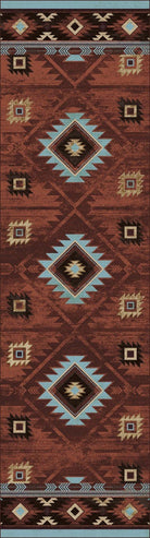 Aztec Whiskey River Southwestern floor runner in rust with turquoise and brown geometric diamond patterns