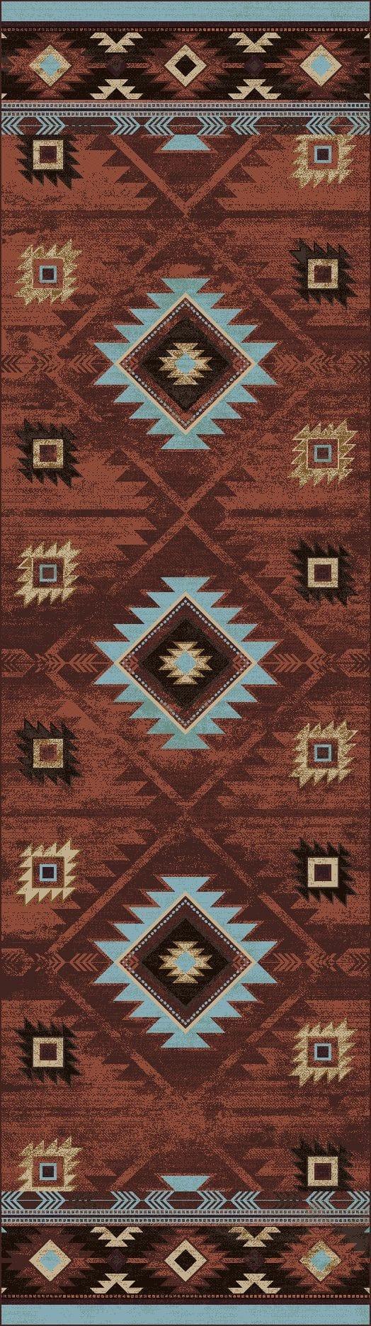 Aztec Whiskey River Southwestern floor runner in rust with turquoise and brown geometric diamond patterns