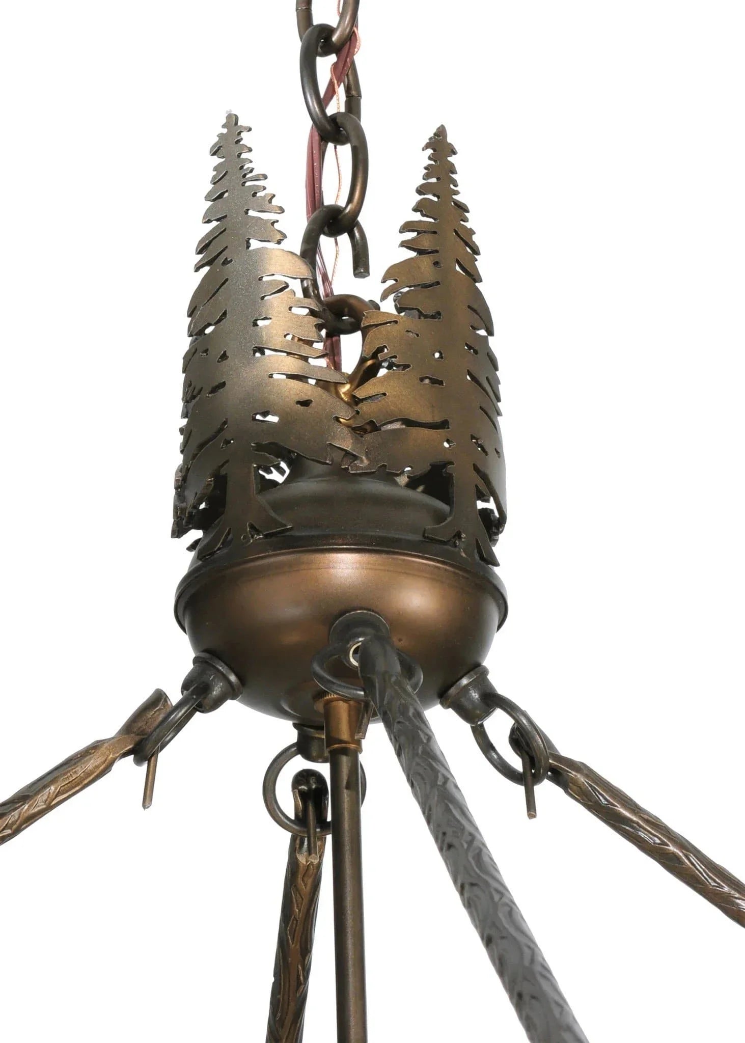 Metal cut-out fir trees a-top lodge pendant light. Custom crafted in the USA