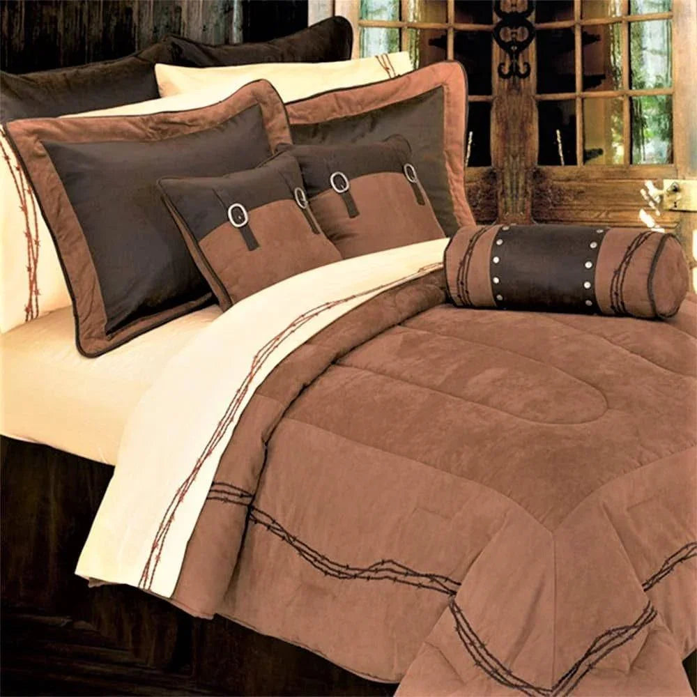 Barbed wire western bedding in tan with dark embroidered barbed wire, and accent pillows 