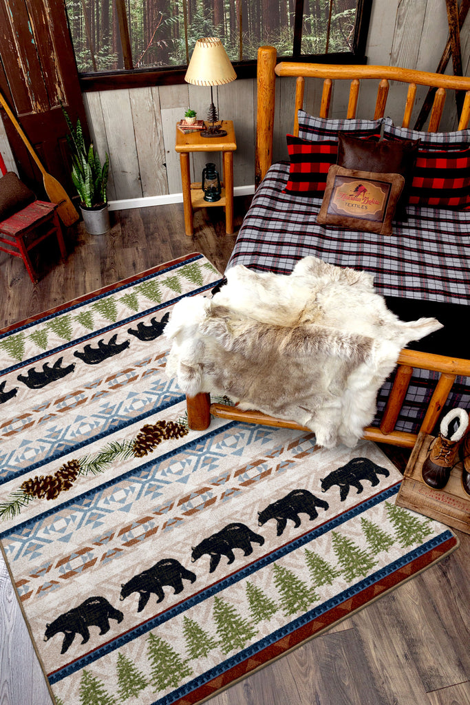 Cabin themed bedroom with bear trails area rug made in the USA - Your Western Decor