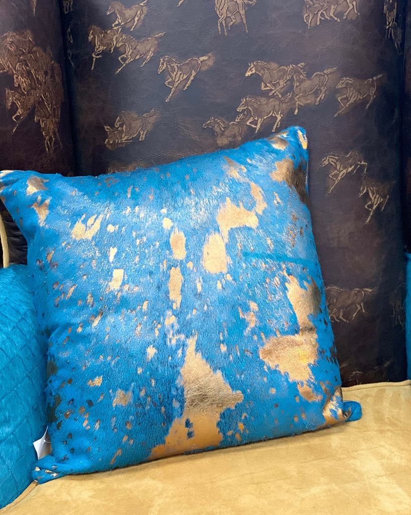 Blue cowhide with gold acid wash throw pillow - Your Western Decor