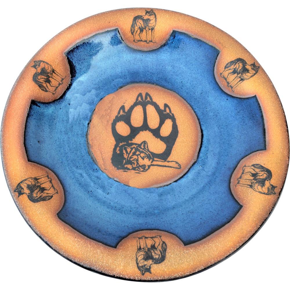 Blue wolf round pottery serving plate. Made in the USA. Your Western Decor