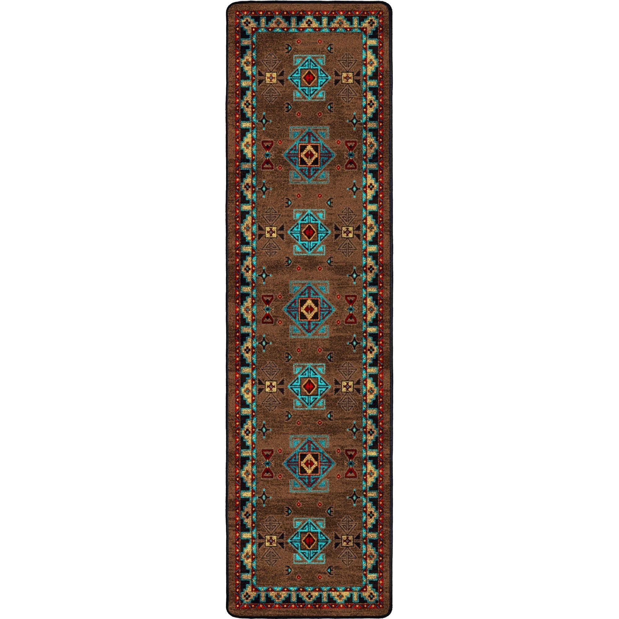 Blue Zircon Southwestern Floor Runner Rug in geometric patterns of turquoise, red, beige and black over distressed brown background 