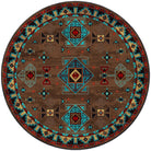 Blue Zircon Southwestern 8' Round Area Rug in geometric patterns of turquoise, red, beige and black over distressed brown background 