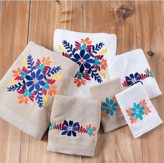 Bonita floral embroidered bathroom towels. Cream or tan. Colorful embroidery. Your Western Decor