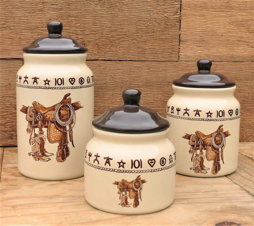 rope, brands, saddle, boots 3 piece ceramic canister set - Your Western Decor