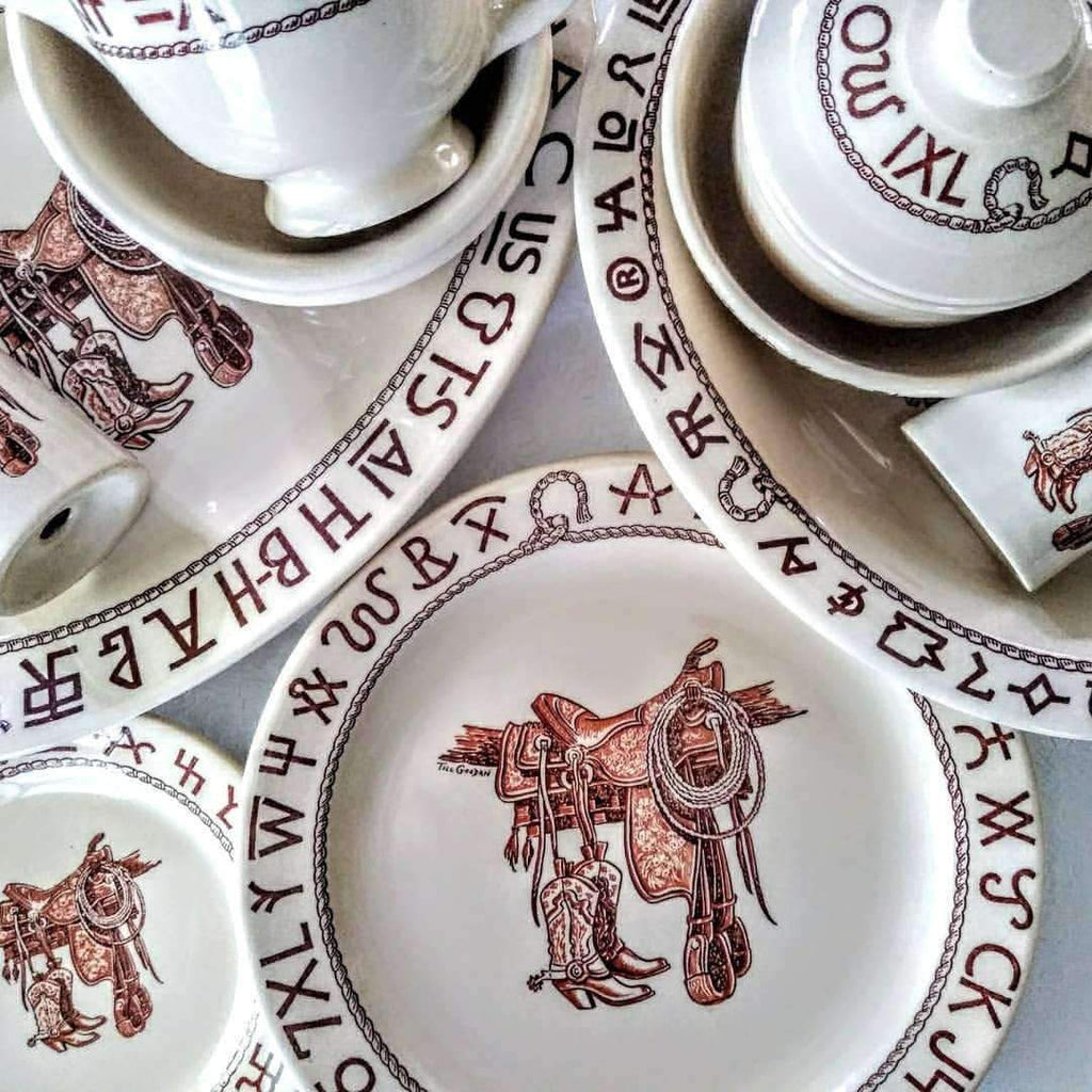 China dinnerware with boots, saddle, rope and brands. Made in the USA. Your Western Decor