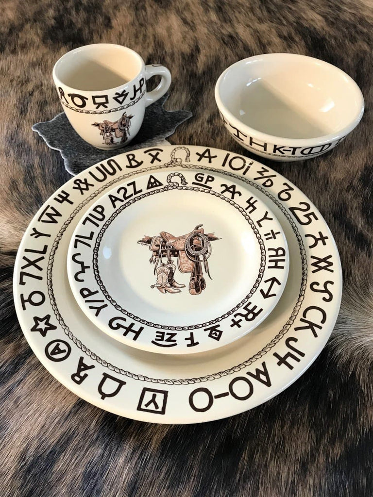 Western china dinnerware made in the USA. Boot, saddle, rope & brands imagery. Your Western Decor 