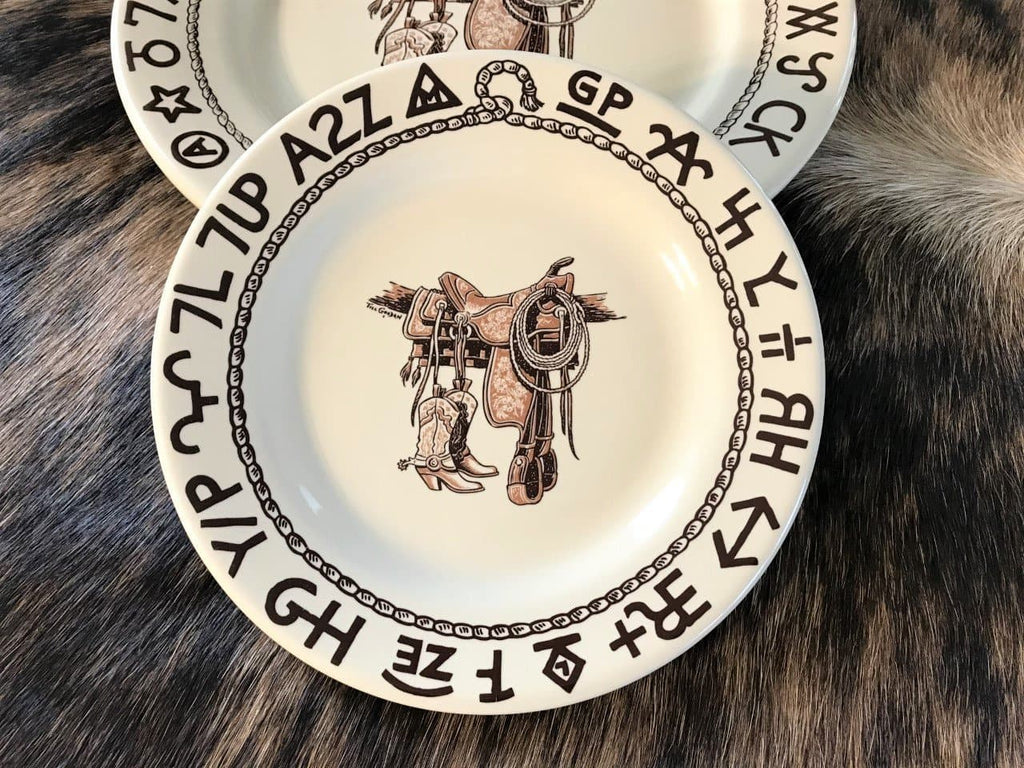 Western china dinnerware made in the USA. Boot, saddle, rope & brands imagery. Your Western Decor 