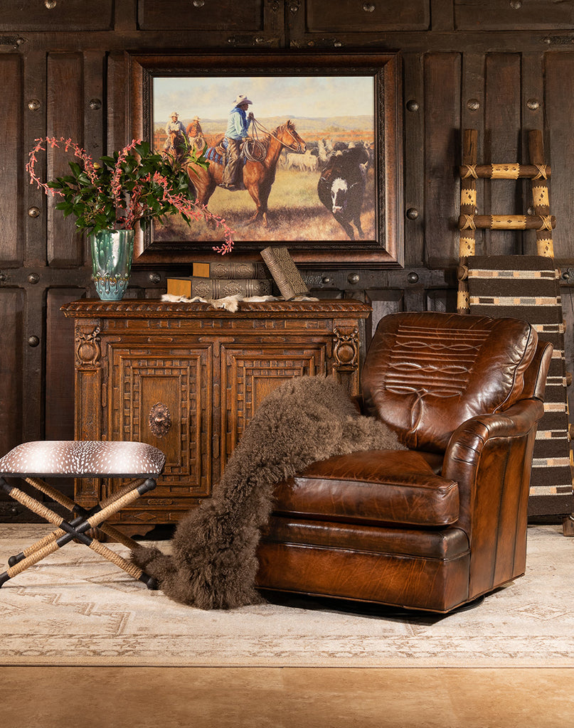 Boot stitch western swivel glider and fawn print stool - Your Western Decor