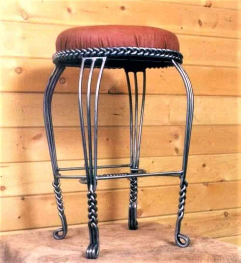 Backless iron bar stool with leather seat. Hand-forged, made in the USA. Your Western Decor, LLC