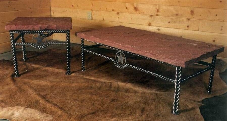 Braided iron and stone top coffee table and end table. Custom made in the USA. Your Western Decor
