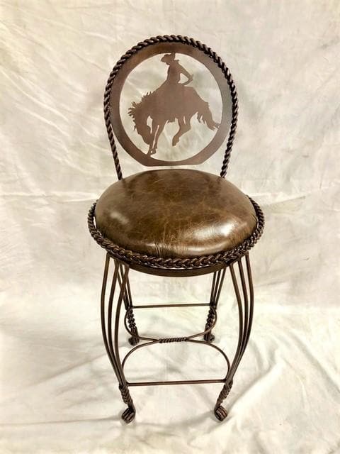 Western hand-forged iron bar chairs. Leather seat, bucking bronc horse. Handmade in the USA. Your Western Decor, LLC