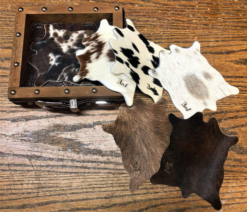 6 piece cowhide coaster set with barn wood box. Handmade. Your Western Decor