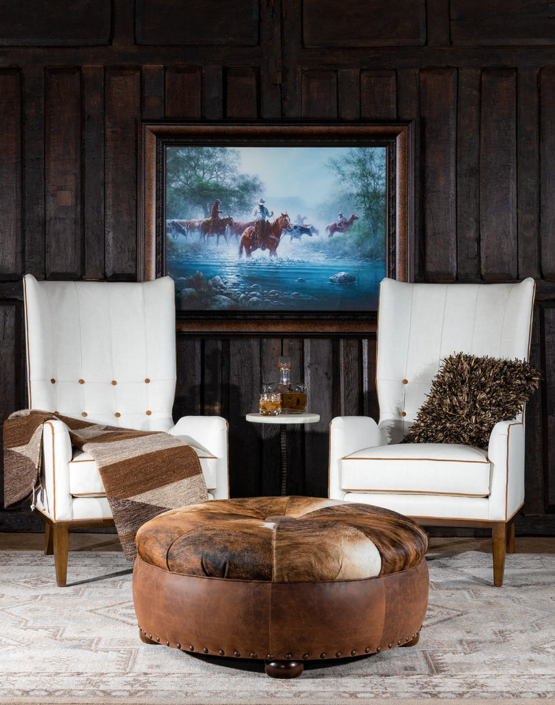 Brindle Cowhide & Leather Ottoman & White Leather Accent Chairs - Your Western Decor
