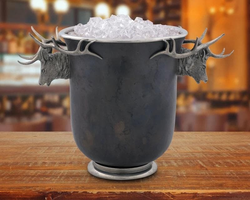 Bronze lodge style ice bucket with pewter elk bust handles. Free shipping. Your WesterN Decor