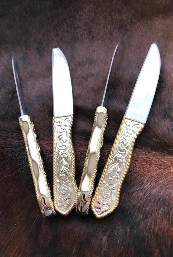 Silver and gold western steak knives - embossed handles 4-pc set - Your Western Decor