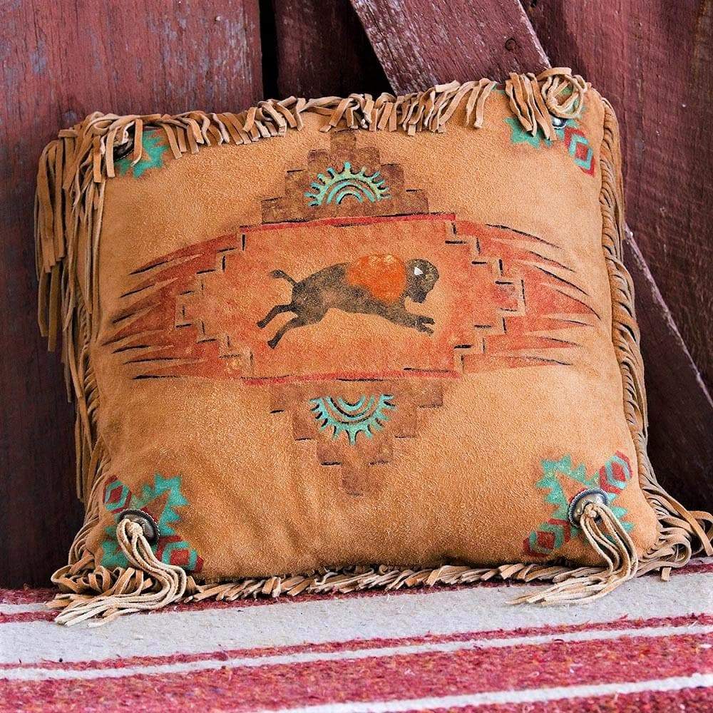 Buffalo art painted on suede deer hide accent pillow. Made in the USA. Your Western Decor