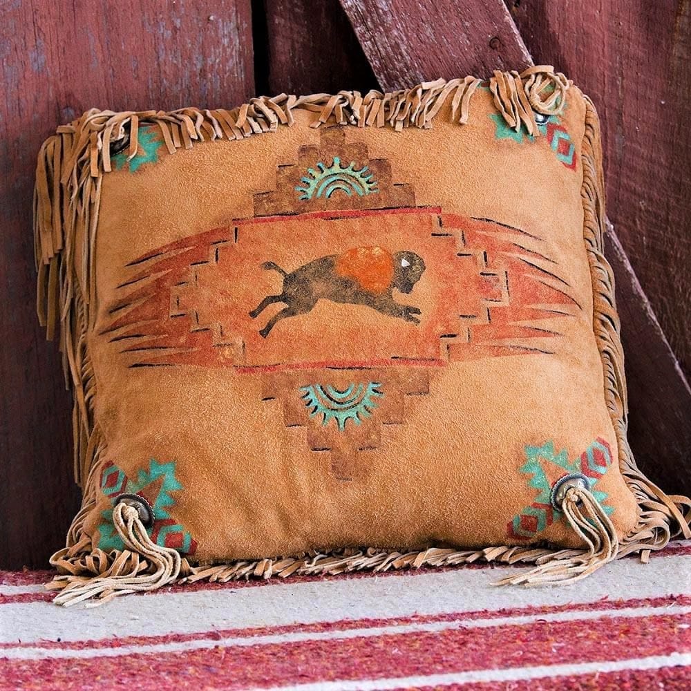 Buffalo painted art deer hide accent pillow. Made in the USA. Your Western Decor