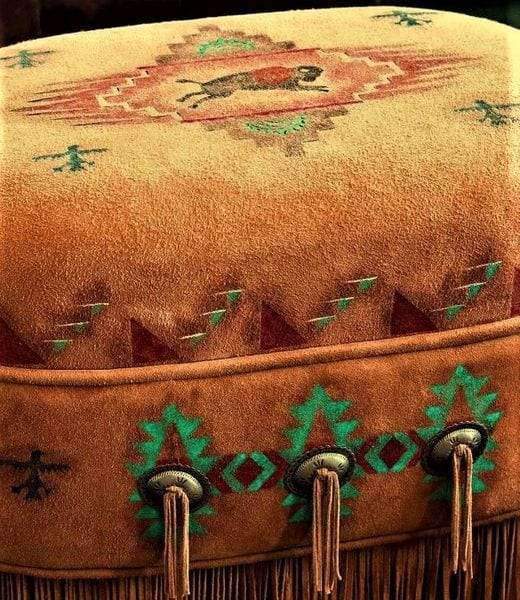 Suede deer hide leather custom made ottoman. Native Americna motif hand paintings. Oval. Made in the USA. Your Western Decor