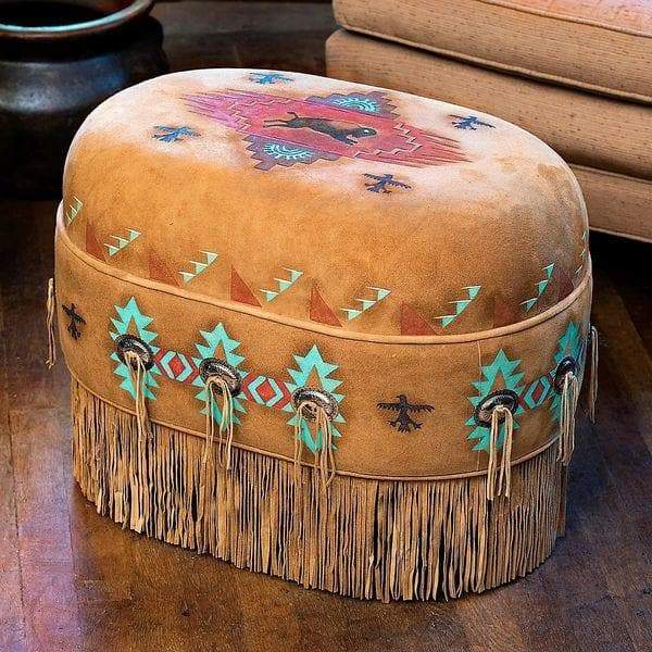 Buffalo art painted on suded deer hide oval ottoman. Made in the USA. Your Western Decor.